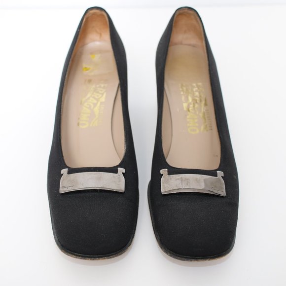 Salvatore Ferragamo Black Square Toe Fabric Pumps Sz 9 - Picture 2 of 9